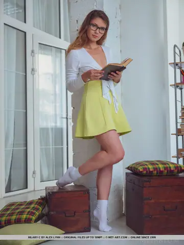 Hilary C – Busty Brunette in Glasses Strips to Socks and Spreads