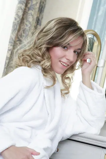 Blonde Woman Strips Off Her Robe to Show Her Hairy Pussy