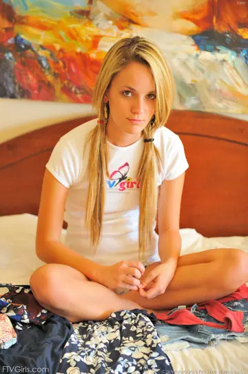 Sara Jaymes – Slim Blonde in Pigtails Pulls Panties Aside for Dildo Play