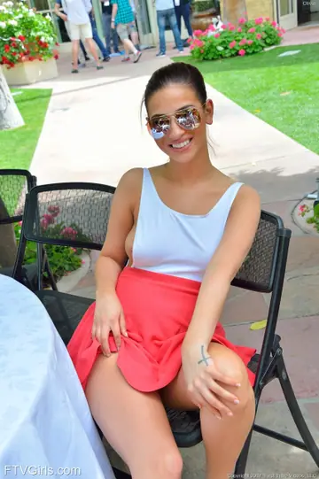 Olivia Nova – Busty Brunette Lifts Her Skirt for a Nipple Slip Outdoors