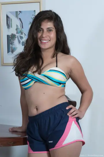 Busty Brunette Strips Out of Her Shorts and Spreads on a Table