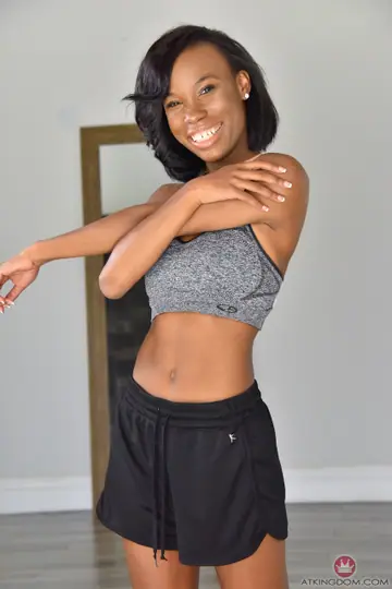 Ivory Logan – Petite Ebony Brunette Strips Out of Her Shorts on Yoga Mat