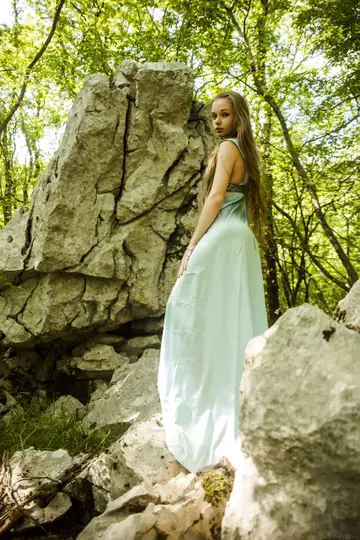 Milena D – Blonde in a Dress Fingers Her Hairy Pussy in the Forest