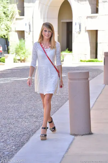 Petite Blonde Sheds Her Dress Outdoors in High Heels