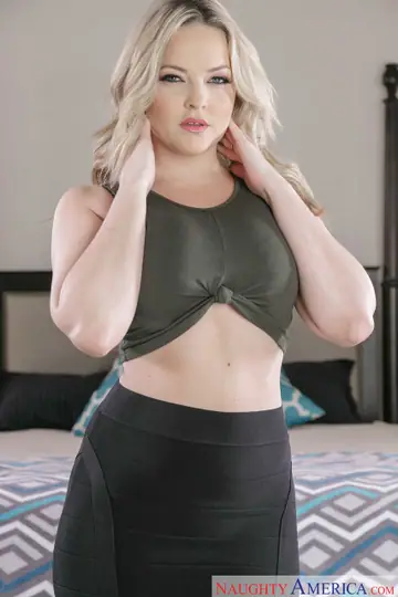 Thick Blonde Strips Out of Her Skirt on the Bed