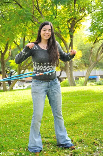 Nadine Sage – Busty Latina Brunette Strips Out of Her Jeans and Plays with Hula Hoop