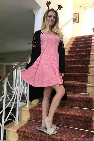 Riley Star – Petite Blonde in Lingerie and Stockings Spreads Her Meaty Pussy