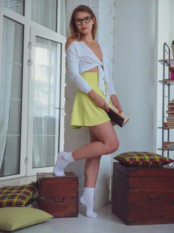 Hilary C – Petite Busty Brunette in Glasses and Socks Spreads Her Hairy Pussy