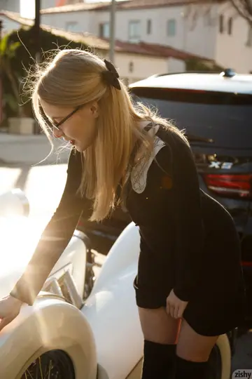 Freda Motten – Petite Blonde in Glasses Flashes Red Panties by a Car