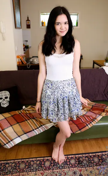 Lily Rei – Slim Brunette Lifts Her Skirt to Finger Her Hairy Pussy