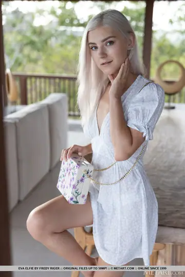 Eva Elfie – Slim Blonde Strips Out of Her Skirt and Spreads