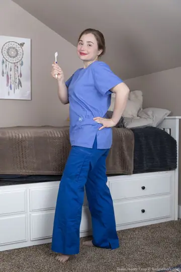 Dawn Honey Crisp – BBW Brunette in Uniform Strips to Show Hairy Crotch and Big Ass