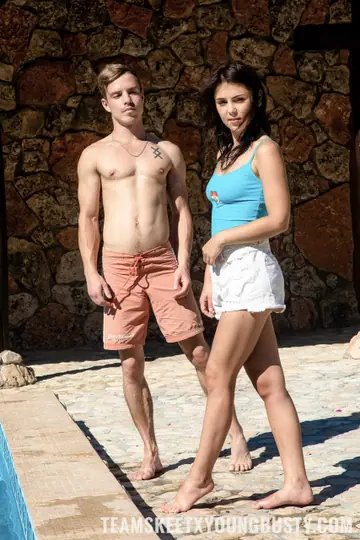 Thick Brunette Sucks Cock and Rides by the Pool