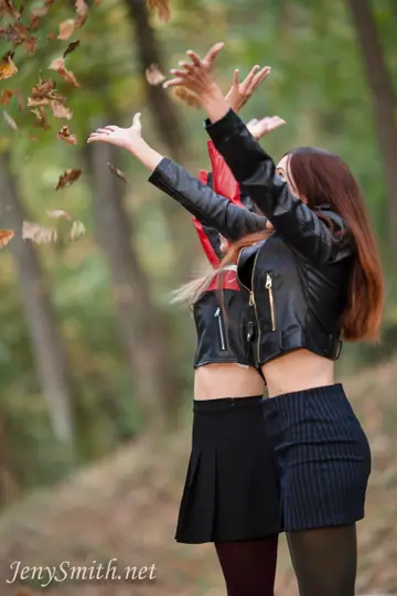 Jeny Smith – Brunette Lesbians Lick and Finger in Leather Skirts Outdoors