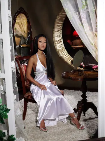 Mariko A – Asian Brunette with Big Natural Tits Spreads in a Skirt and Heels