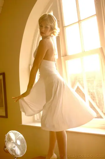 Natasha Marley – Slim British MILF Lifts Her White Dress to Show Stockings and Panties