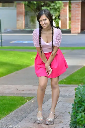 Caroline Ray – Brunette Latina in Pigtails Flashes and Toys Outdoors