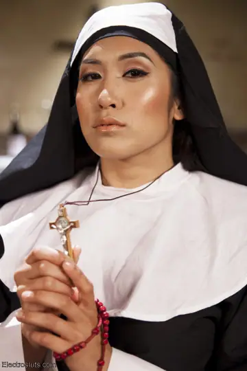 Mia Li – Curvy Asian MILF Poses in Bondage Nun Lingerie and Stockings
