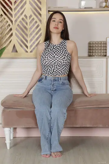 Emily Eliot – Thick Brunette in Jeans Strips and Fingers Her Pussy