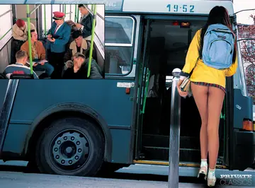 Brunette in Uniform Takes a Bus Gangbang and Facials