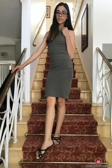 Harmony Wonder – Petite Brunette in Glasses Lifts Her Dress and Fingers Her Pussy