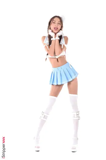 Sonya Blaze – Slim Busty Brunette in Costume Strips and Uses a Dildo