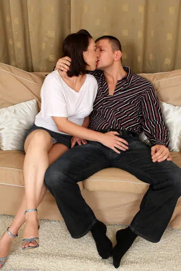Short-Haired MILF with Big Tits Rides Hard Cock Until He Cums on Her Chest