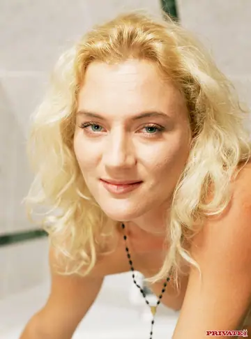 European Blonde in Panties Takes Two Men in the Bathroom