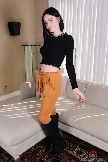 Serenity Adams – Slim Tattooed Brunette Strips Off Her Panties and Shows Her Shaved Pussy