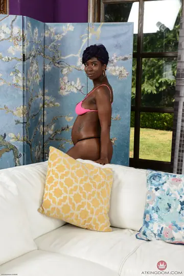 Pregnant Ebony MILF Strips Out of Her Lingerie and Spreads