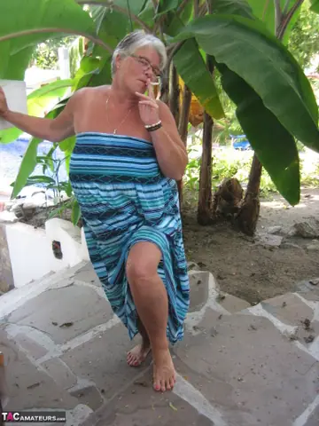 European BBW in Glasses Strips Out of Her Skirt on the Patio