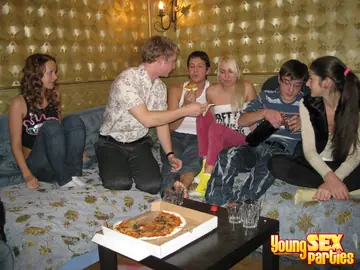 Slim European Redhead Undresses for a Blowjob and Group Sex