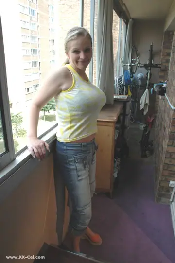 Blonde MILF with Big Tits Pulls Jeans Down and Spreads Her Pussy