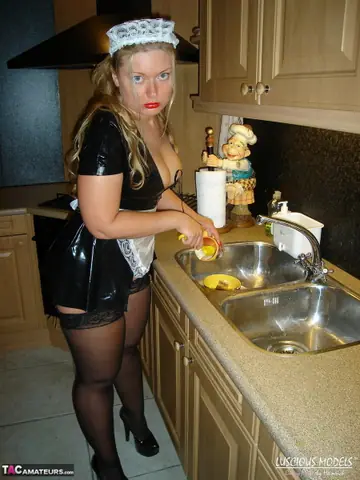 European BBW in Maid Uniform Dildos Her Pussy on a Futon in the Kitchen