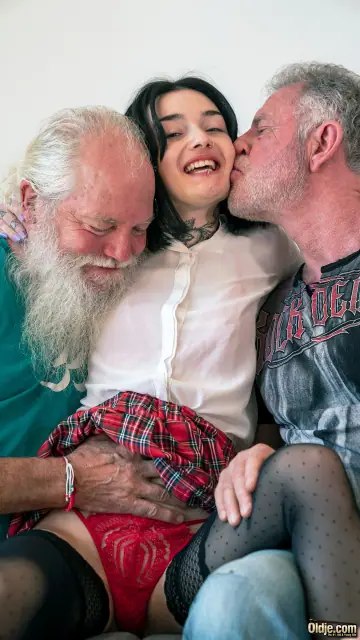 Petite Brunette Maid Gives Blowjobs and Fucks Two Men in Threesome