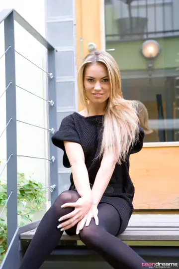 Veronika Fasterova – Skinny Blonde in a Dress and Pantyhose Lifts Her Skirt and Spreads