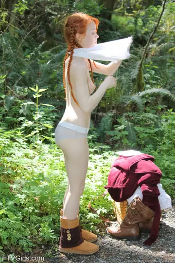 Redhead with Big Natural Tits Strips Naked and Spreads in the Forest