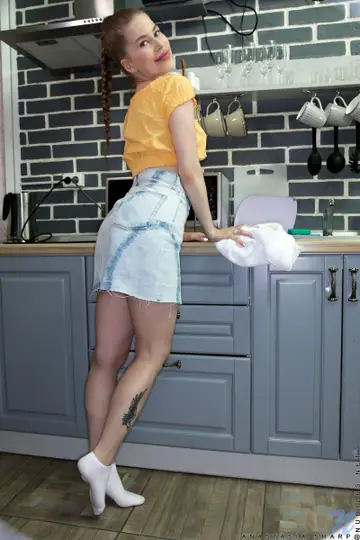 Anastasia Sharp – Busty Brunette in Panties Spreads Her Pussy on the Kitchen Counter