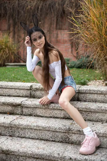Leona Mia – Skinny Russian Brunette Strips and Spreads on the Garden Steps in Socks