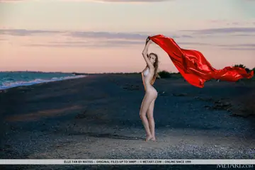 Elle Tan – Tall Slim Brunette Spreads on the Beach at Sunset