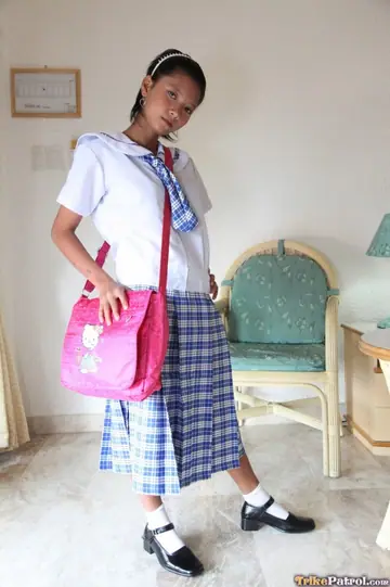 Petite Filipina in Uniform Lifts Hem and Spreads Her Pussy