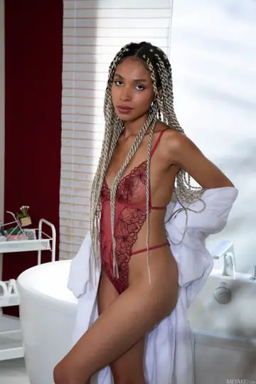 Aly Deity – Petite Ebony Babe Poses Nude in the Bathroom