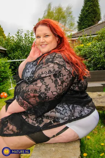 Curvy Redhead MILF Masturbates and Fucks Outdoors in Lingerie