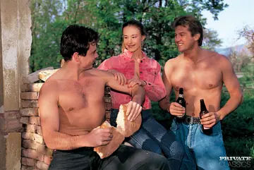 Busty Woman in Lingerie and Jeans Takes Two Men on a Farm