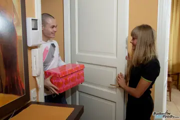 Nestee Shy – Blonde in Socks Sucks Cock and Takes a Facial
