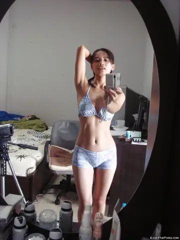 Asian Woman Spreads Her Trimmed Pussy in the Mirror
