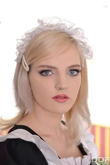 Carly Rae – Pale Blonde in Stockings and Maid Uniform Takes Two Cocks
