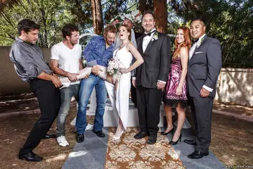 Allison Moore – Redhead Bride in Lingerie Has Anal Group Sex Outdoors