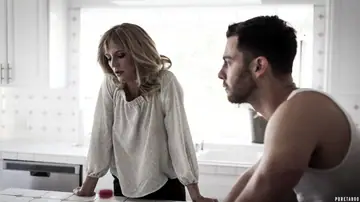 Mona Wales – Blonde and Brunette Share a Threesome Facial in Skirts