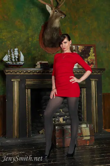 Jeny Smith – Brunette PAWG Goes Topless in a Red Dress and High Heels Outdoors